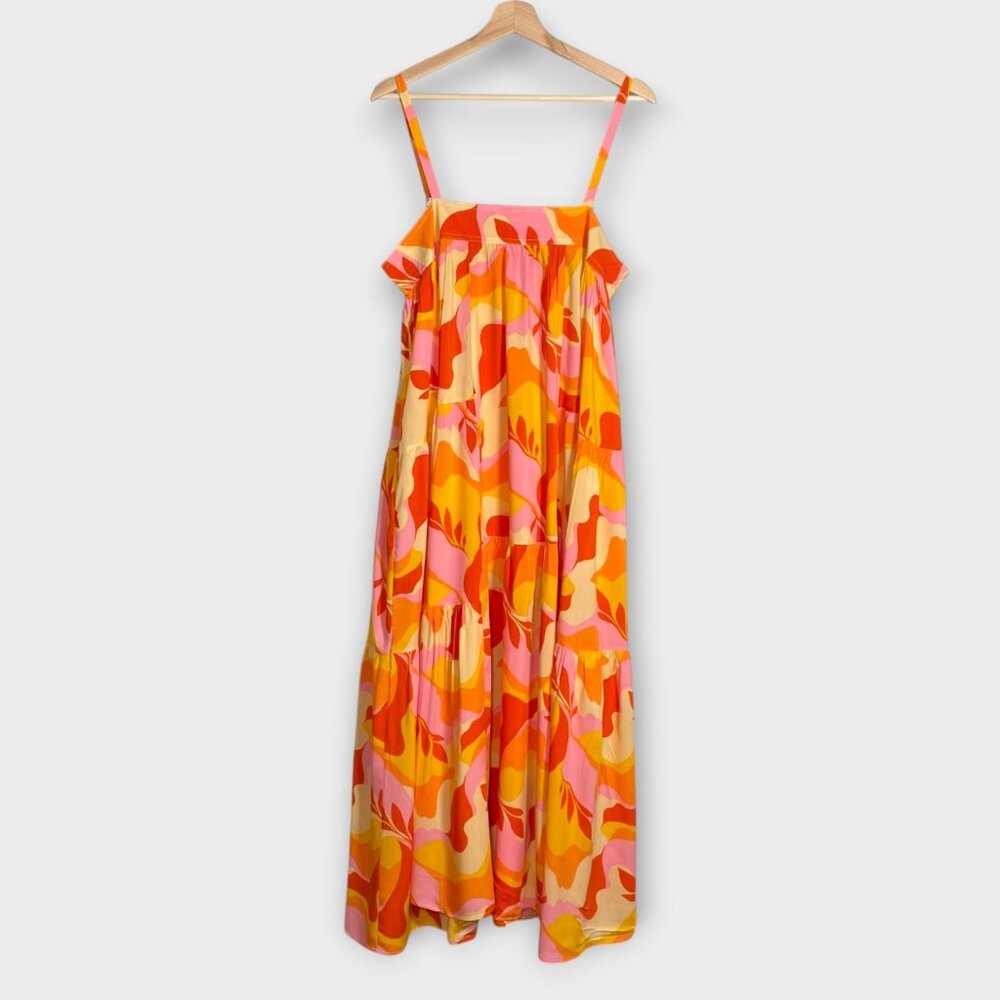 ABEL THE LABEL Maxi Dress LARGE Trapeze Tiered Oversized Pockets Boho Resortwear